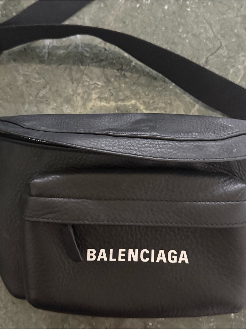Balenciaga Black Leather Logo Belt Bag with White Print